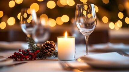 A candle is lit on the table, creating an atmosphere of warmth and romance for the Christmas dinner. The background features bokeh lights that add to the festive ambiance.