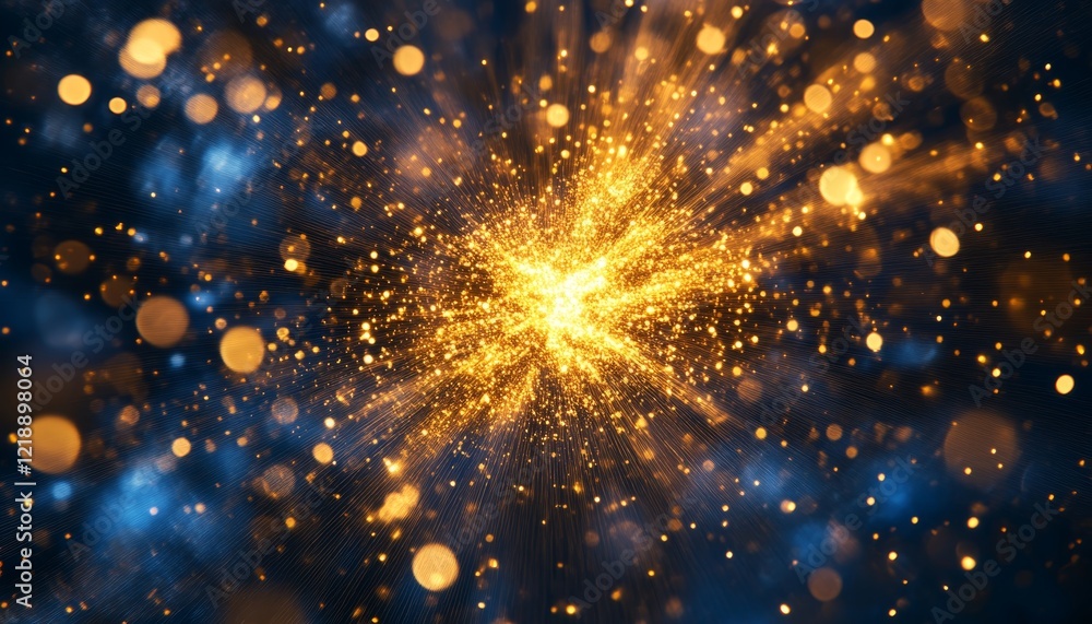 Poster vibrant golden mesh explosion a dynamic display of light and motion against a dark blue background
