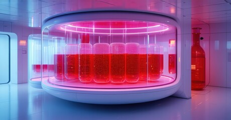 Obraz premium Futuristic floating blood bank storing artificial blood for emergency medical use in remote locations, featuring advanced containment system with sleek, vibrant design