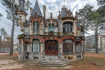 An ornate, historic mansion features intricate architecture, spires, and a lush surrounding landscape, showcasing a blend of elegance and decay.