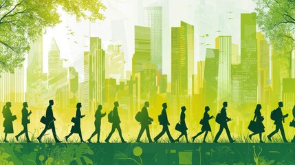 Urban corporate landscape showcasing business professionals walking through a green city, with an emphasis on sustainability and innovative business practices in a bustling downtown area