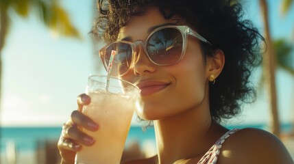 Elegant Woman Enjoying a Drink Outdoors