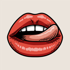 woman lips with tongue colored cartoon isolated drawing line art style sketch classic vintage design illustration
