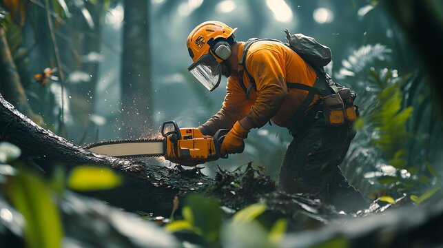 Logging Worker with Chainsaw in Forest