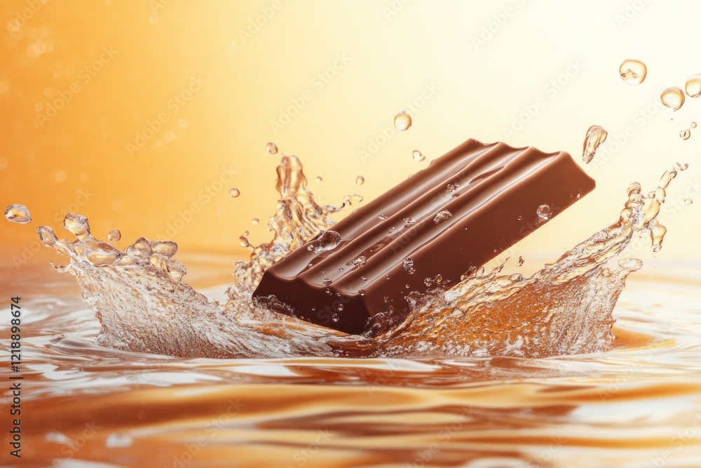 Poster a chocolate bar is being thrown into the water, creating ripples on the surface. the background has 