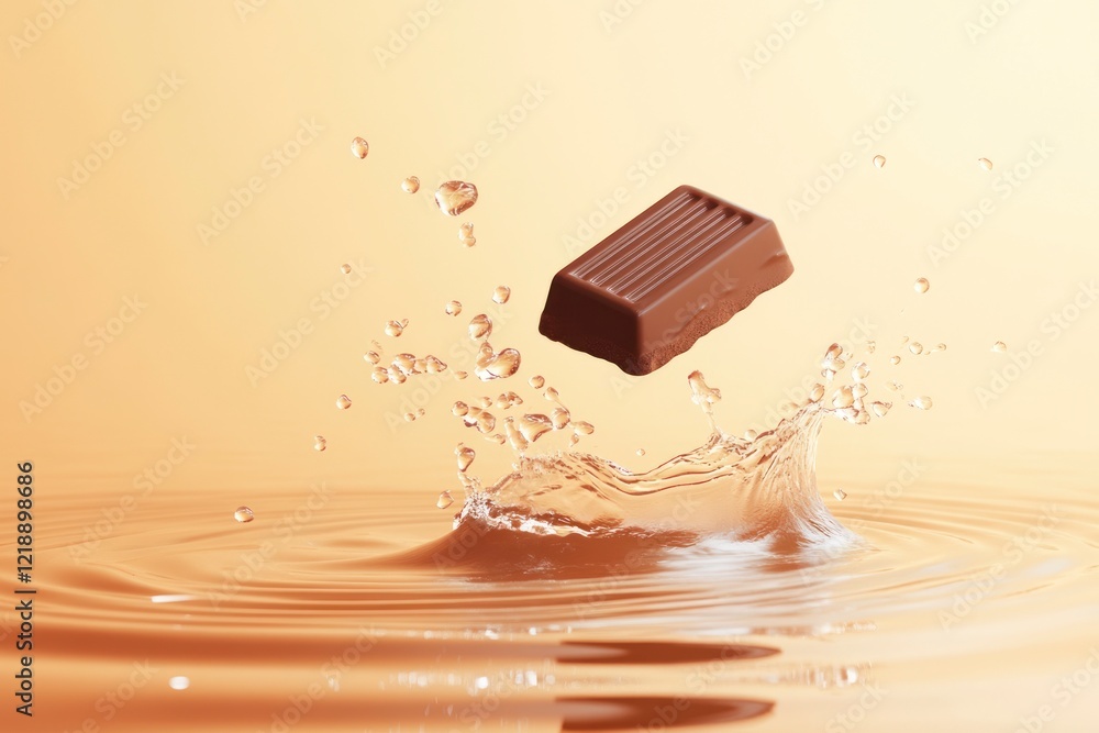 Poster a chocolate bar is being thrown into the water, creating ripples on the surface. the background has 