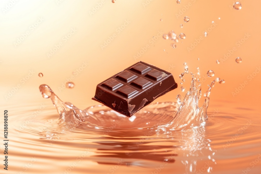 Poster a chocolate bar is being thrown into the water, creating ripples on the surface. the background has 