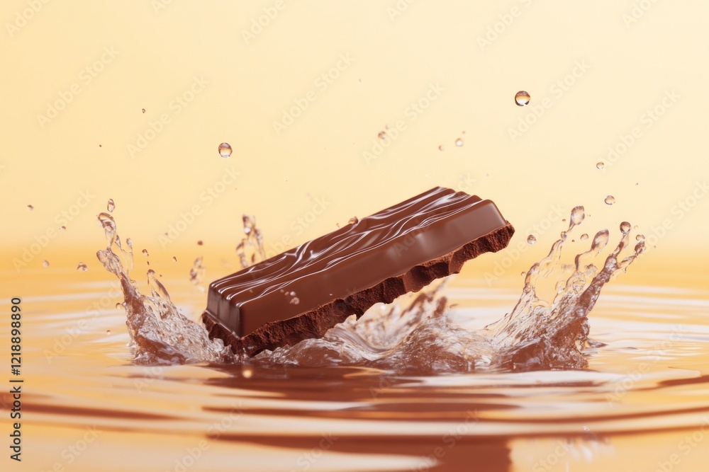 Poster a chocolate bar is being thrown into the water, creating ripples on the surface. the background has 