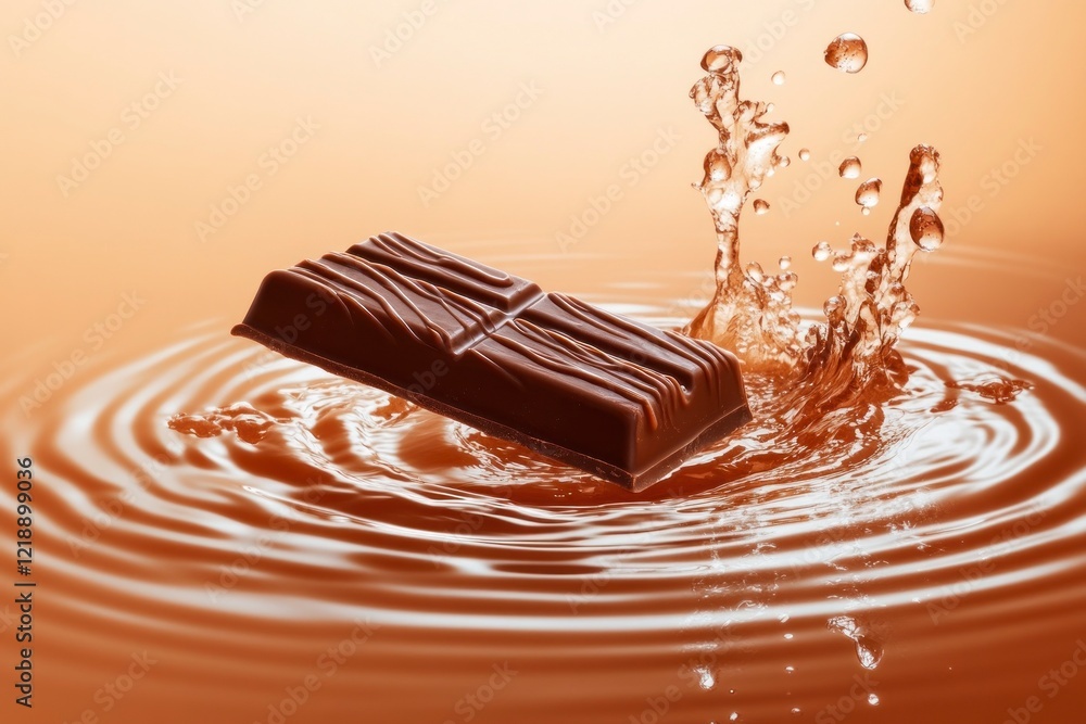 Poster a chocolate bar is being thrown into the water, creating ripples on the surface. the background has 