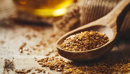 Brown flax seeds on a spoon and flaxseed oil