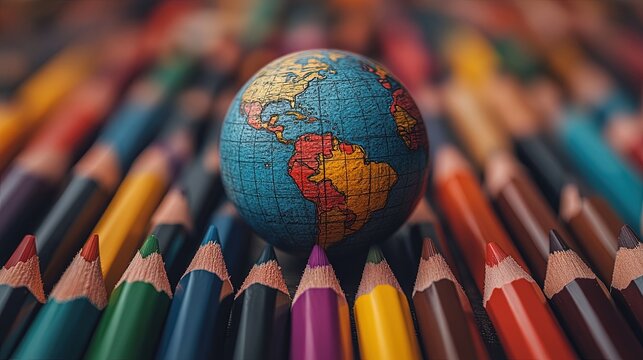 Miniature globe on colored pencils, promoting global education - Powered by Adobe