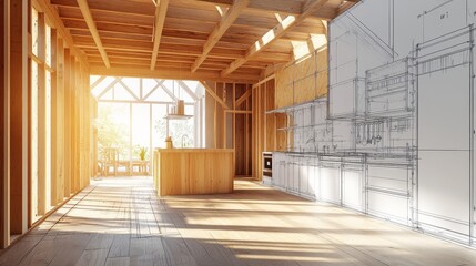 Fototapeta premium Conceptual illustration of a house under construction with real framing and blueprint design.