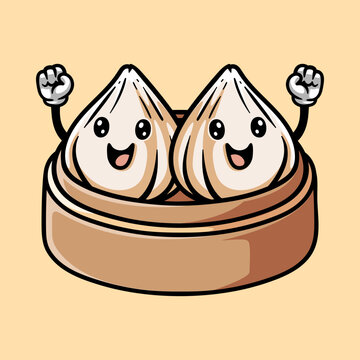 recommend clip art: fun twin dim sum dumpling colored cartoon character isolated drawing line art style sketch classic vintage design illustration