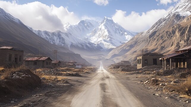 Scenic view of tora bora road on k2 mountain with abandoned village and snow capped peaks