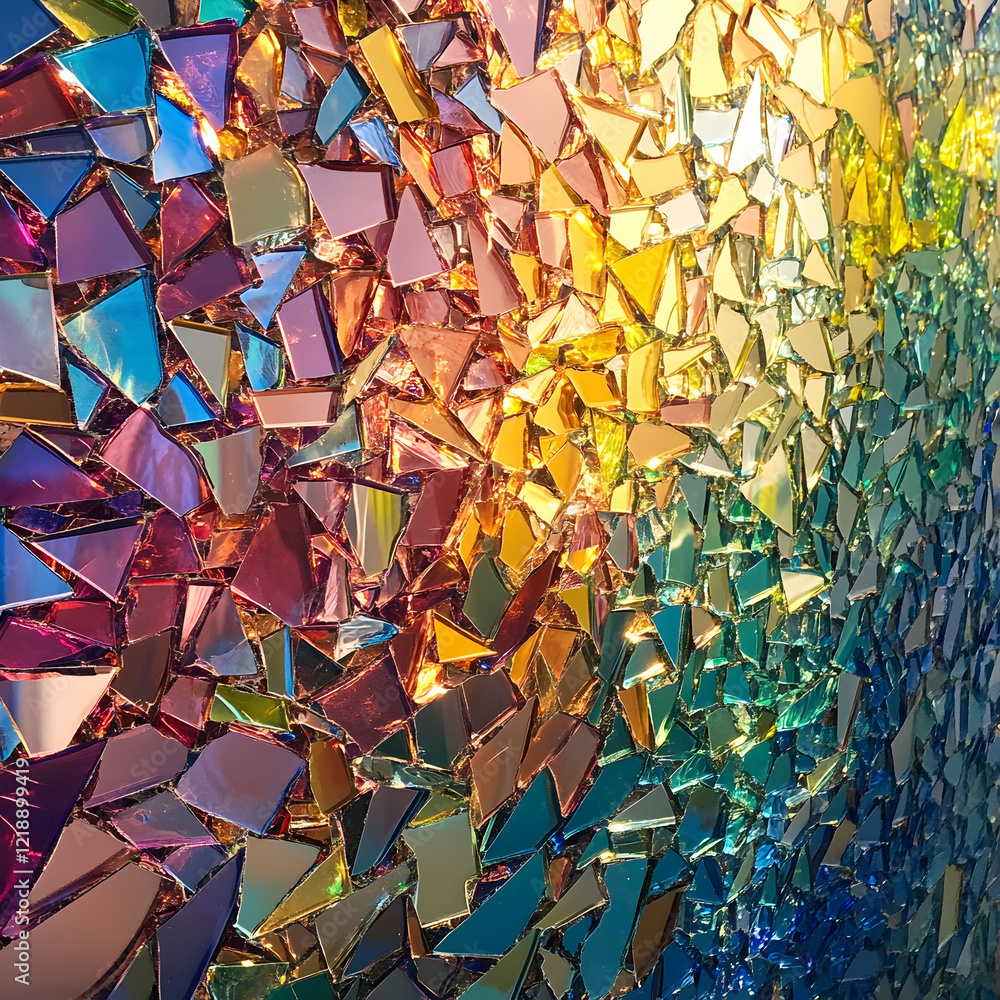 Poster rainbow mosaic: a vibrant and captivating mosaic of iridescent glass shards, arranged in a mesmerizi