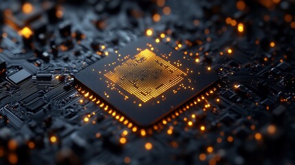 A circuit board with glowing microchips and intricate pathways in focus