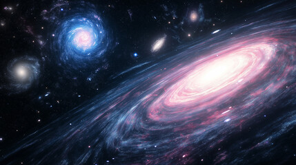 A wide-angle image of many galaxies scattered across the universe, showing various shapes such as spirals and elliptical shapes.