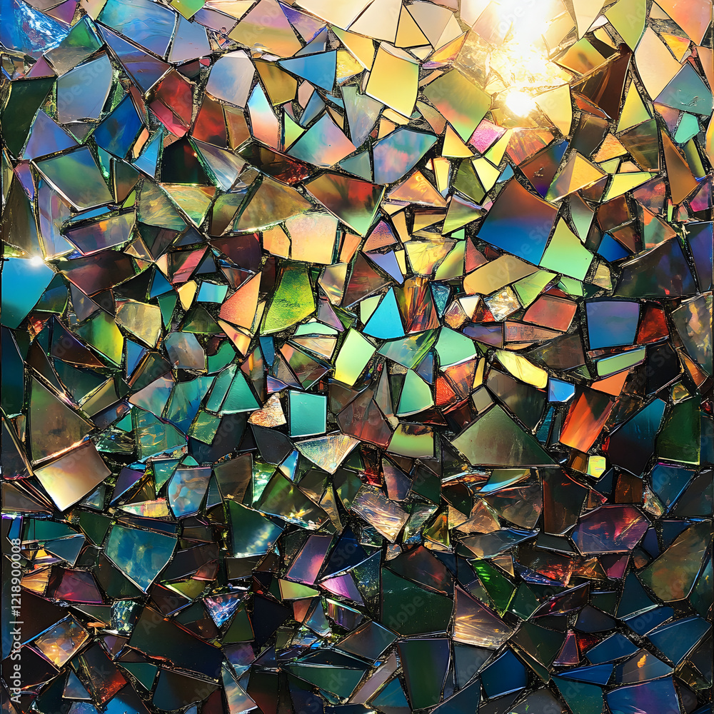 Poster iridescence mosaic: a captivating mosaic of shattered iridescent glass pieces, creating a vibrant an