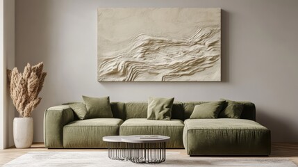 A Cozy Living Room With An Olive Green Sectional Sofa, A Textured Beige Wall Art, And Pampas Grass In A Pot.  The Room Has A Calm And Serene Atmosphere.