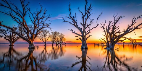 Fototapeta premium Dead Trees Emerging from Lake Bonney Dusk, South Australia - AI Macro Photography