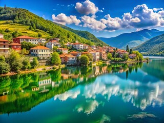 Fototapeta premium Debar Lake Summer Scenery, North Macedonia Mountains, European Landscape