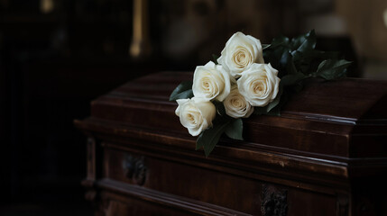 Obraz premium Elegant dark wood coffin in a chapel, with delicate white roses placed on the lid