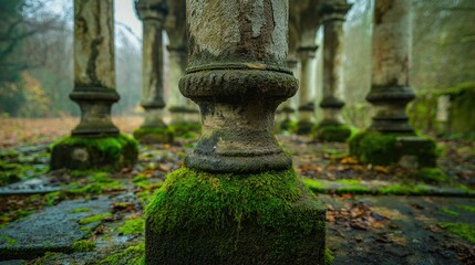 Moss-Covered Ancient Stone Pillars in Ruins