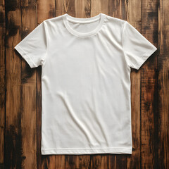 Blank Canvas:  A pristine white T-shirt lays flat on a rustic wooden background, ready to be adorned with your own design or message.  Its simplicity invites creativity and endless possibilities.  