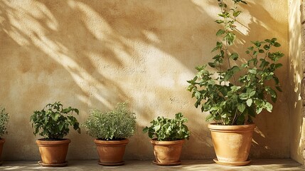 Fresh Herbs in Terracotta Pots Against a Beige Wall