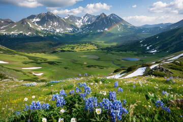 Obraz premium A breathtaking mountain valley with lush green fields, snow-capped peaks, and a vibrant rainbow. The foreground is filled with blooming wildflowers, 