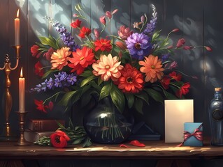 A vibrant stock image of a colorful flower bouquet in a golden vase, surrounded by books, chocolates, and berries on a classic wooden table with a dark, elegant backdrop. Perfect for themes of luxury 