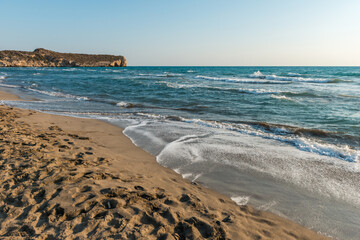 Mediterranean seacoast at the Patara beach on a sunny day with blue sea Antalya region, Turkey.