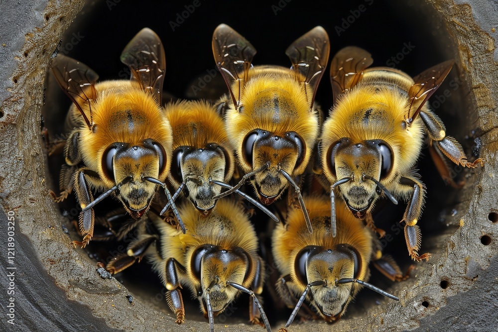 Poster a close-up view of a group of bees peering out from a hive, showcasing their intricate details and v