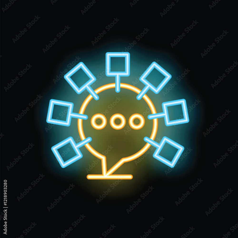 Poster neon icon representing online communication with a speech bubble connecting devices