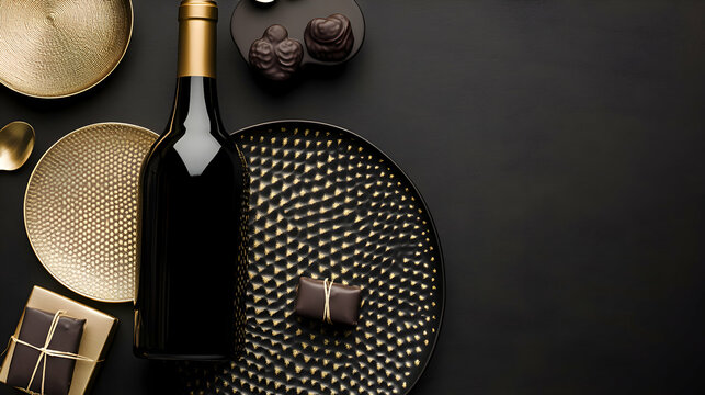 A romantic black-and-gold themed Valentines dining flat-lay with a wine bottle, chocolates, and a wrapped gift box