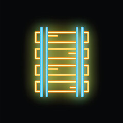 Blue and yellow neon railroad track icon on black background