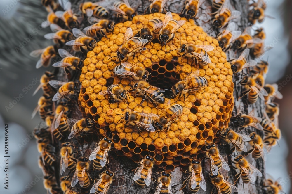 Poster a close-up of a vibrant beehive, populated with bees, showcasing the intricate hexagonal structure o