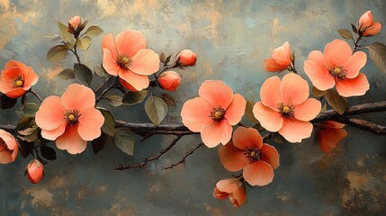 Orange blossoms on branch against textured background