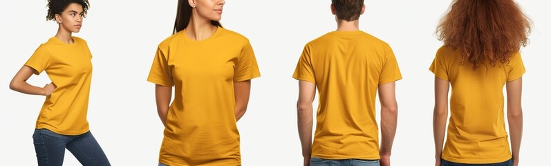 Back and side views of models wearing yellow t-shirts posing against a white background.