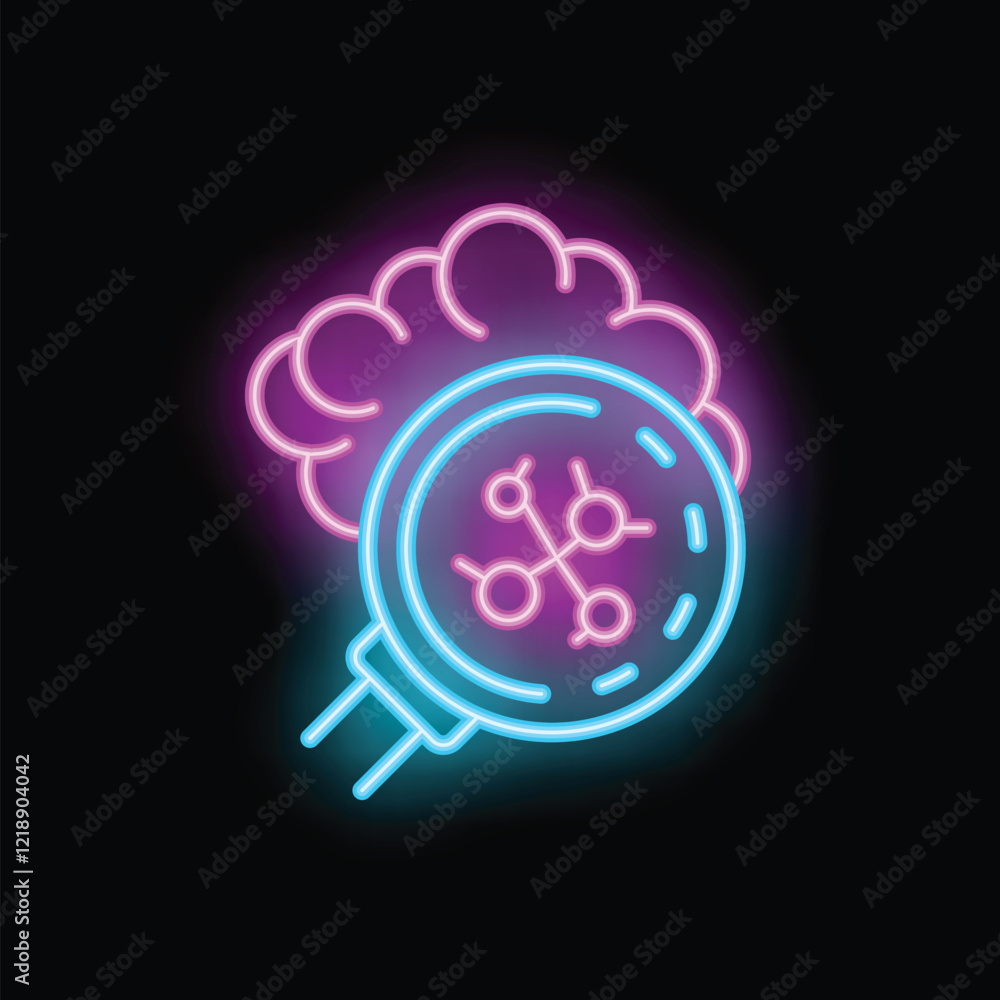 Aufkleber neon sign illustrating the analysis of a human brain with artificial intelligence using a magnifying