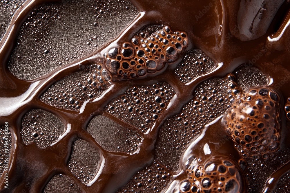 Poster a close-up of chocolate melting, with visible bubbles and intricate patterns in the liquid form of m