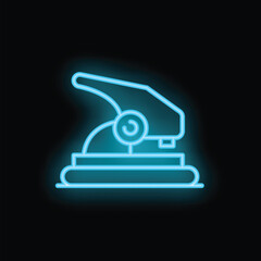 Glowing blue neon sign icon of a hole punch for paper sheets on a black background