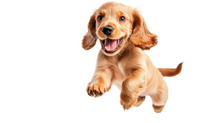 Playful Cocker Spaniel Puppy with Floppy Ears and Bright Eyes Joyfully Leaping in the Air Against a Clean White Background