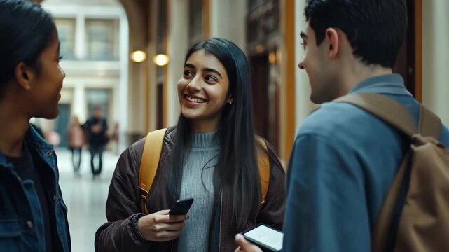 Diverse Group of Students Conversing in School Hallway During Break