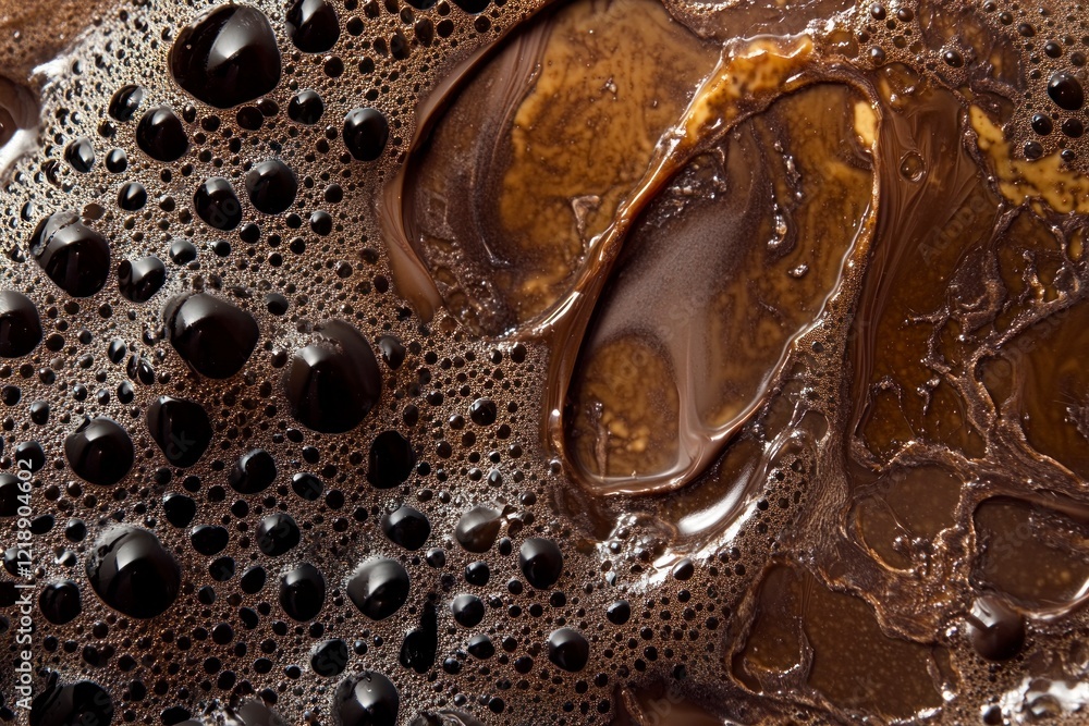 Poster a close-up of chocolate melting, with visible bubbles and intricate patterns in the liquid form of m
