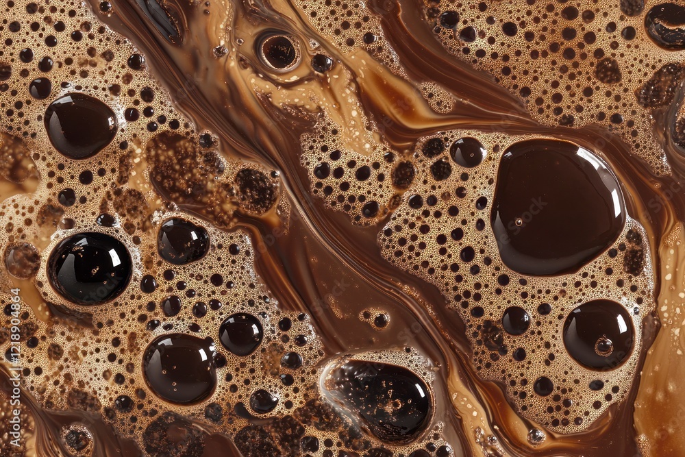 Poster a close-up of chocolate melting, with visible bubbles and intricate patterns in the liquid form of m
