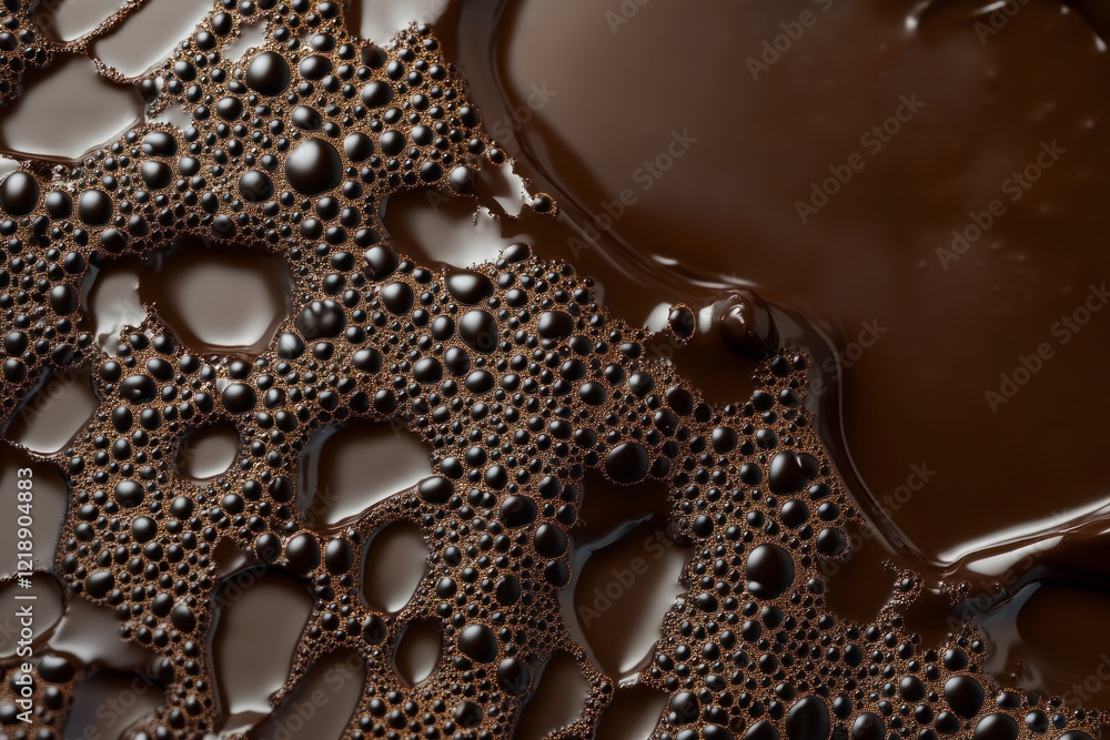 Poster a close-up of chocolate melting, with visible bubbles and intricate patterns in the liquid form of m