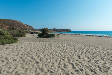 Mediterranean seacoast at the Patara beach on a sunny day with blue sea Antalya region, Turkey.