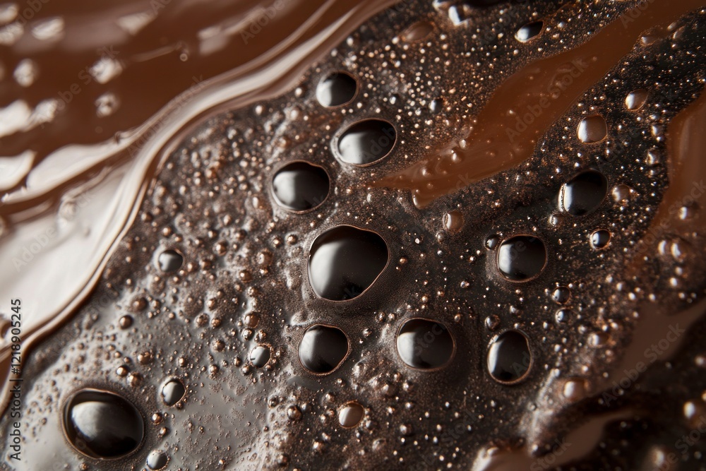 Poster a close-up of chocolate melting, with visible bubbles and intricate patterns in the liquid form of m