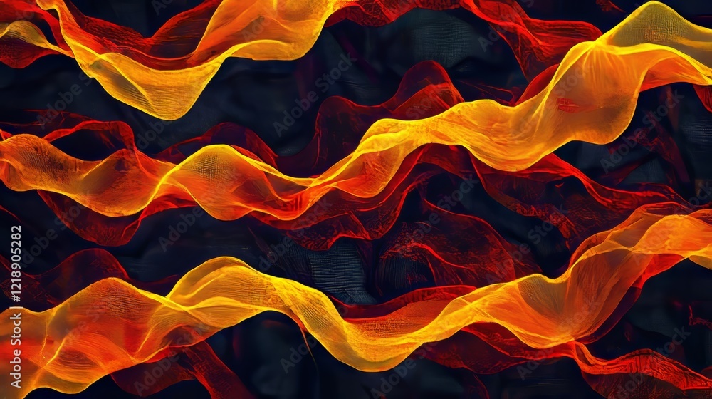 Poster abstract art featuring orange and yellow wavy lines against a dark background in generative style